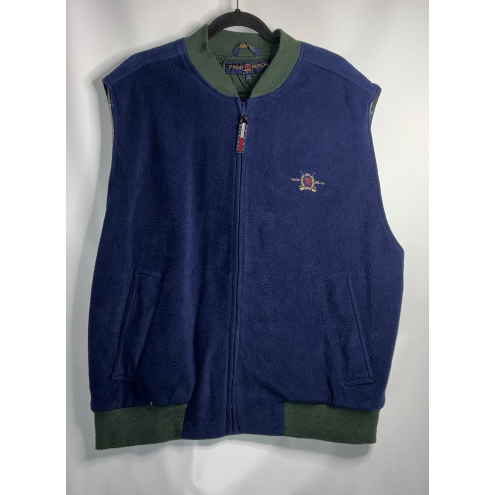 Tommy Hilfiger VTG 90s Vest Fleece Blue Men XL Full Zip Plaid Inner Lining Golf